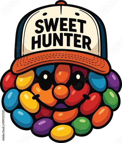 A colorful cartoon character made of jelly beans wearing a cap with sweet hunter written on it Vector