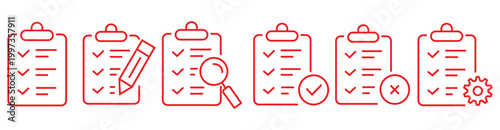 Outline clipboard icon set with checkmark and cross, Checklist Report Symbol, Task Management UI Element, Document Edit Graphic, Line Art Vector Collection