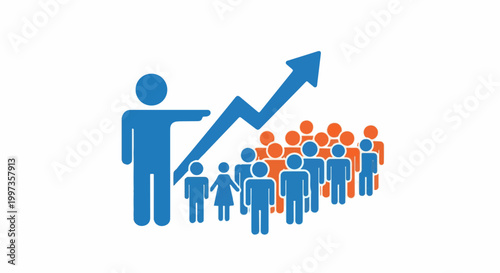 Business leader pointing toward a growing arrow graph while standing with a large diverse crowd of professional people on white