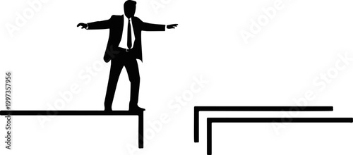 Business professional in a suit maintains perfect balance while carefully walking across a narrow ledge to reach the other side