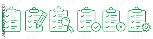 Outline clipboard icon set with checkmark and cross, Checklist Report Symbol, Task Management UI Element, Document Edit Graphic, Line Art Vector Collection