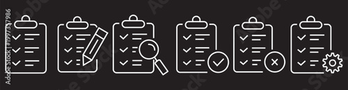 Outline clipboard icon set with checkmark and cross, Checklist Report Symbol, Task Management UI Element, Document Edit Graphic, Line Art Vector Collection