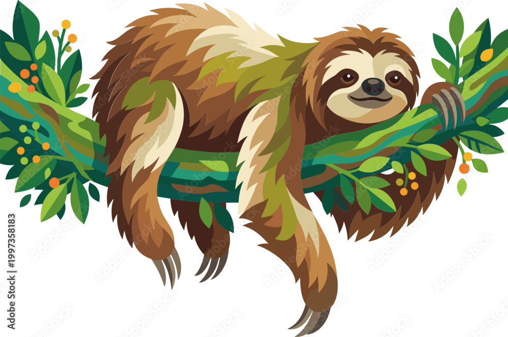 Fototapeta premium Brown sloth resting on a mossy tree limb in the jungle