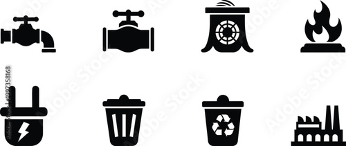 Industrial utility icons silhouette water gas electricity waste factory