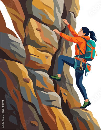 Brave female rock climber ascending a steep cliff with safety harness