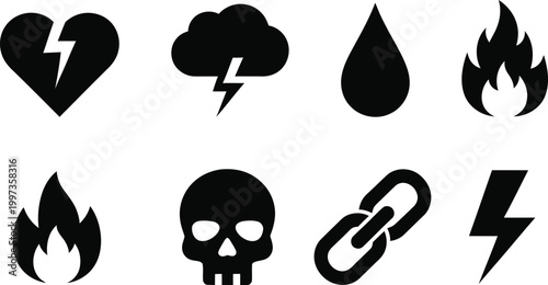 Dark emotion icons silhouette collection of heartbreak storms and danger
