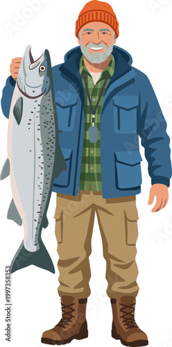 Experienced fisherman holding a large freshly caught salmon outdoors