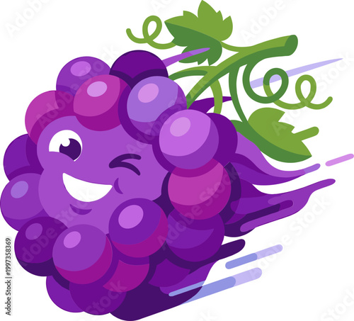 Fast grape character winking and flying with motion lines