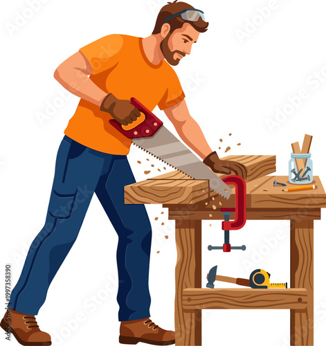 Focused woodworker cutting a timber plank with a hand saw in a workshop