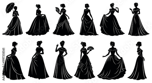 A collection of black silhouettes of women in formal gowns
