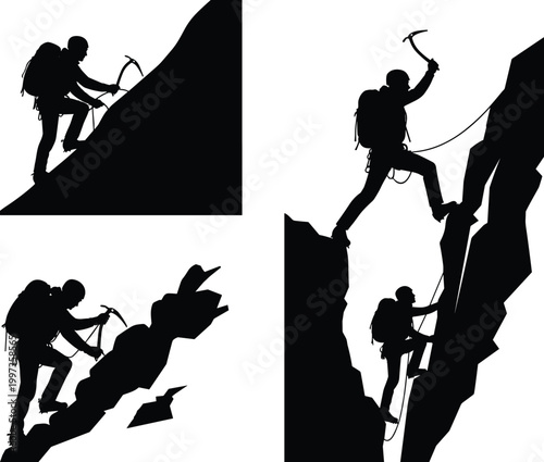 Mountain climber silhouettes collection with ice axe and rope climbing steep rocky peaks, professional vector illustration for outdoor adventure sports.