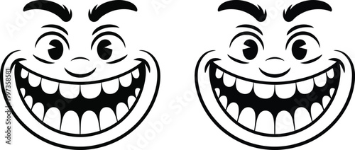 Set of cartoon monster faces with wide toothy grins and expressive eyebrows on transparent surface.