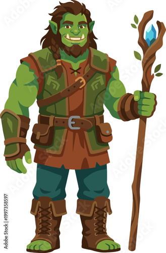 Green orc shaman standing with wooden staff