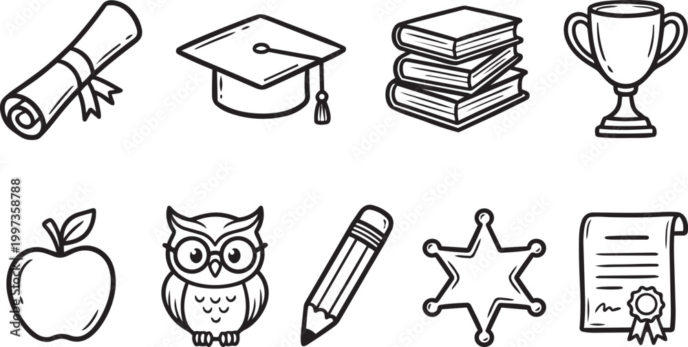 Fototapeta premium School graduation and education symbols doodle vector set