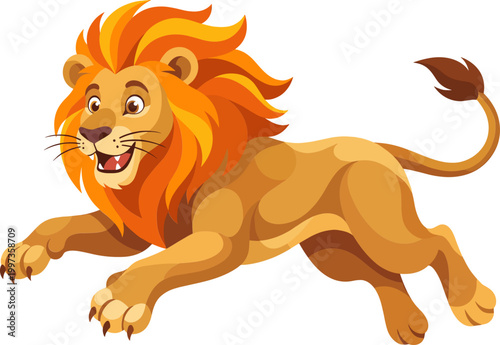 Powerful lion figure leaping forward in a dynamic pose