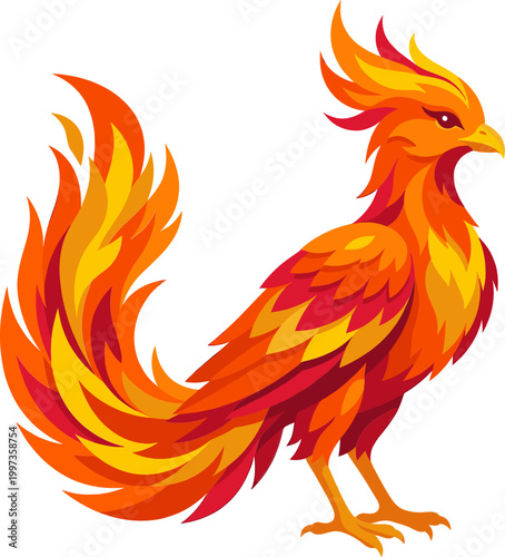 Radiant phoenix standing with long flaming tail
