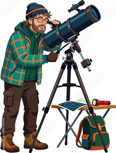 Amateur astronomer using a telescope and star map for stargazing