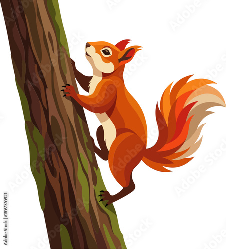 Agile squirrel climbing up a tree trunk in the woods