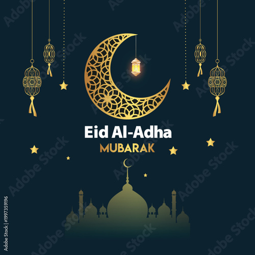 Eid al-Adha Mubarak celebration with lanterns, crescent moon, and mosque silhouette
