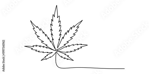 Single line drawing of a cannabis leaf with a stem