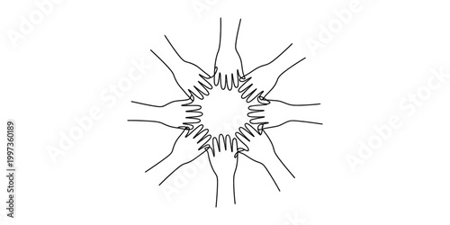 Many hands reaching together in a circle, unity and teamwork concept, simple line art illustration