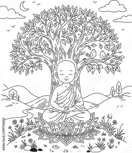 Vector line art illustration of a meditating figure seated on lotus beneath a large tree with hills, clouds, birds, and crescent moon for spiritual, mindfulness, and lifestyle themes.