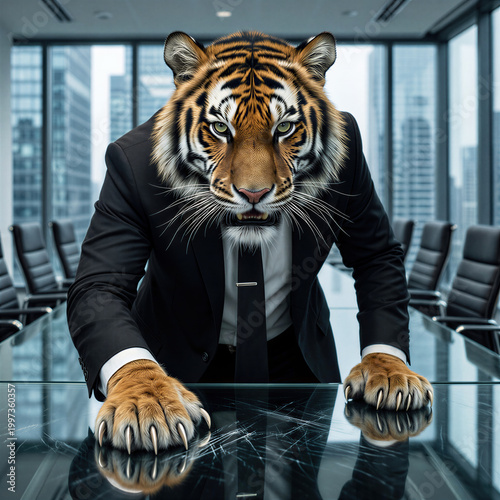 A striped tiger in a black Italian suit leans over a glass table with extended claws and a cold predatory glare in a minimalist cool-lit executive boardroom.