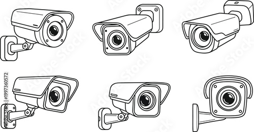 Six black and white line of security cameras cctv surveillance monitoring