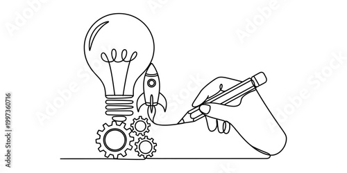 Hand drawing idea light bulb rocket gears and pencil, concept of creativity and startup