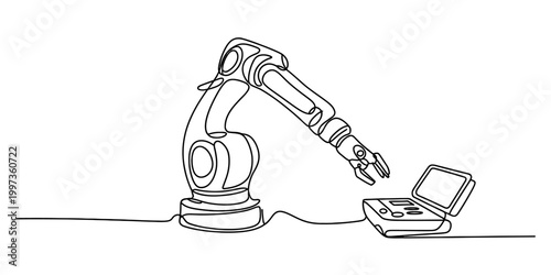 Industrial robot arm interacting with a control panel, continuous line drawing