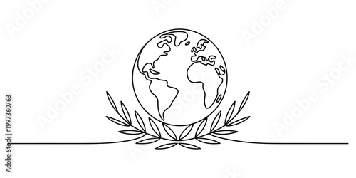 Continuous line drawing of planet earth with laurel wreath, symbolizing peace and global achievement