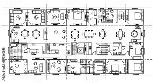 architectural floor plan blueprint of apartments with furniture and interior design elements