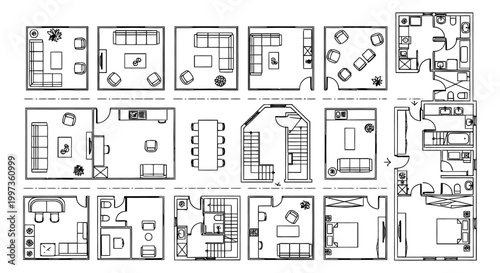 architectural floor plan layouts of rooms with furniture and interior design elements