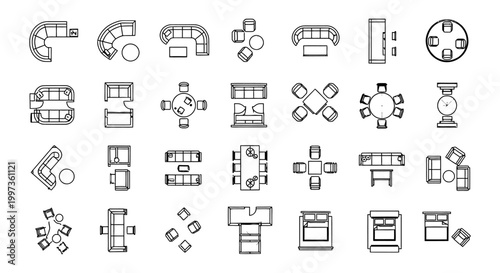architectural furniture and interior design elements autocad plans top view