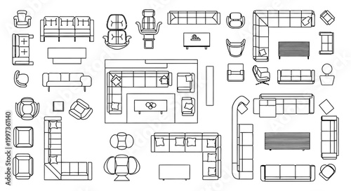 architectural furniture and interior design elements in top view for planning