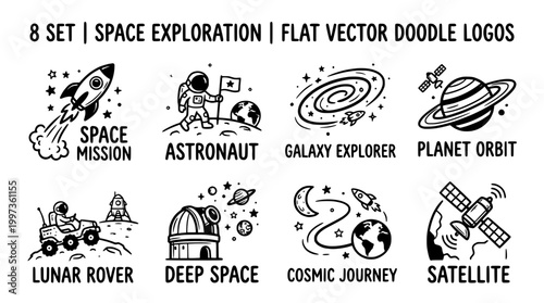 Space Exploration Doodle Logos: Astronaut, Rocket, Planet, Galaxy