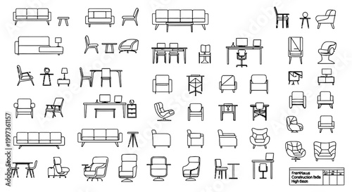 architectural furniture and interior design elements on white background vector set