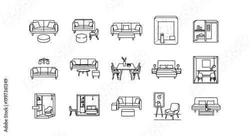 collection of clean line art icons representing modern furniture and interior design elements