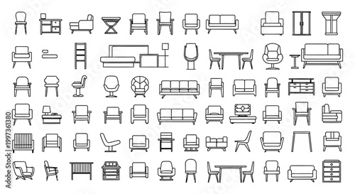 collection of diverse furniture icons in simple outline style for interior design