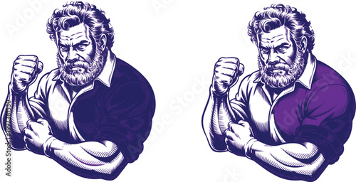 Vintage muscular men, flexed arm illustrations, purple monochrome, retro style icons, graphic designs