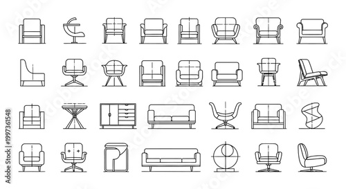 collection of modern designer chairs and sofas line art icons for interior design