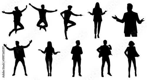 Silhouettes of people dancing and jumping isolated on transparent background, Vector