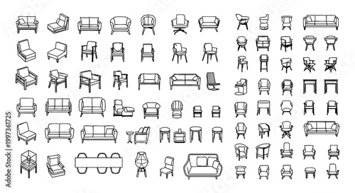 collection of outline drawings of various furniture items sofas chairs tables