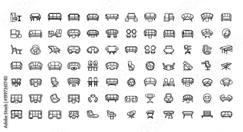 collection of outline furniture icons and symbols for interior design and architecture