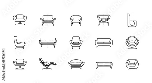 line art icons of diverse modern furniture designs including sofas chairs and loungers