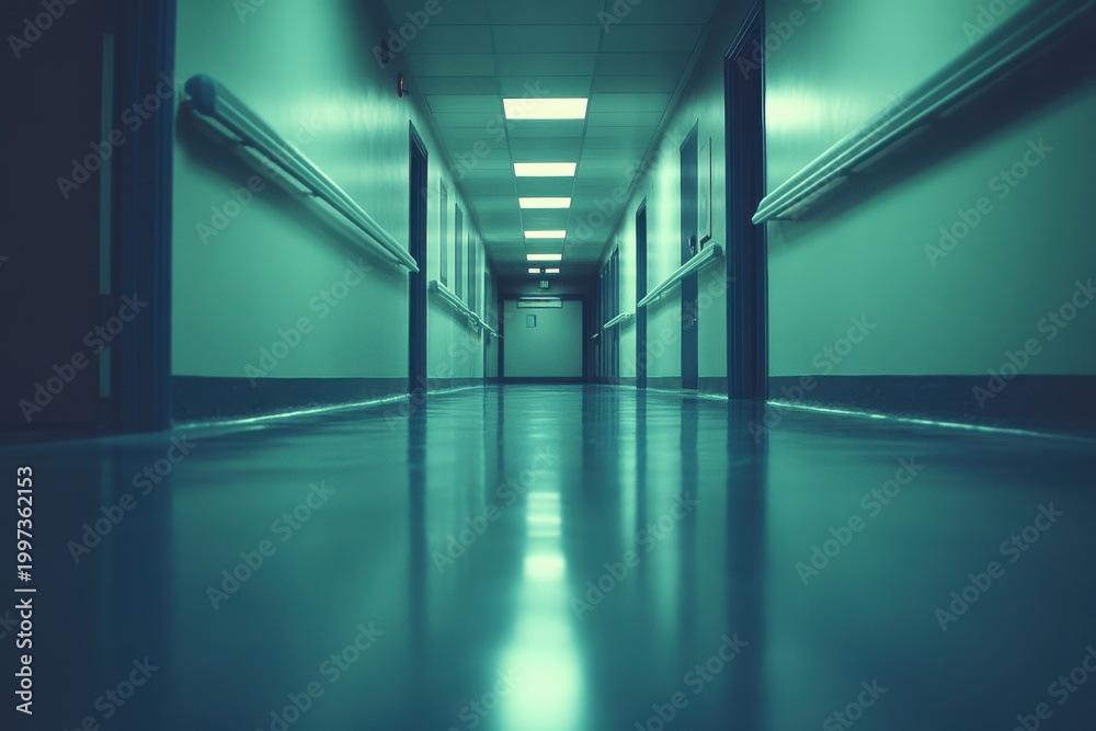 Obraz premium A sterile hospital corridor with bright lighting and reflections