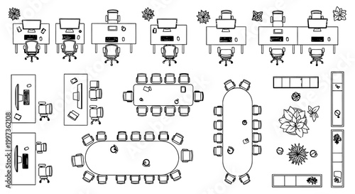 overhead view of office furniture and conference room layouts business meeting spaces