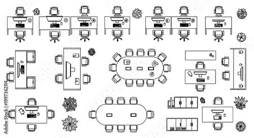 overhead view of office floor plans with workstations meeting tables and furniture