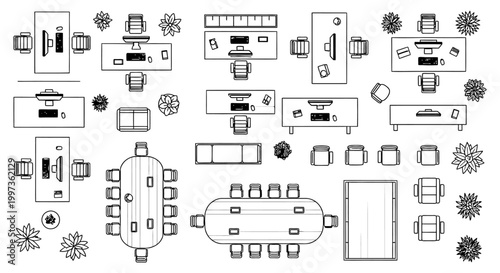 overhead view of office furniture and conference tables with plants and chairs