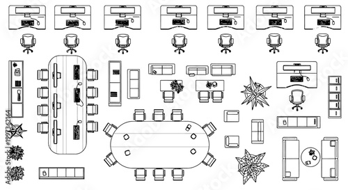 overhead view of office furniture and desk layout cad plan for interior design